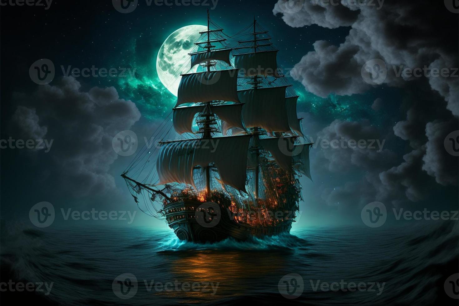 Landscape with pirate ship in the sea, sky full of clouds and full moon, horizon in the background. AI digital illustration photo