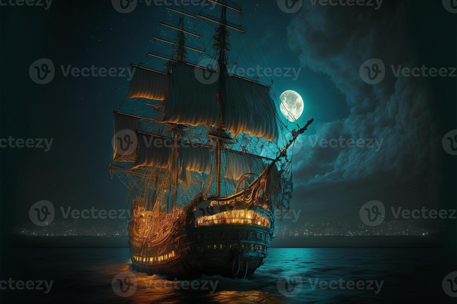 Landscape with pirate ship in the sea, sky full of clouds and full moon, horizon in the background. AI digital illustration photo