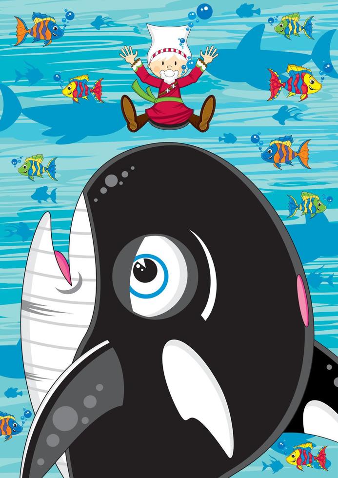 Jonah and the Whale with Tropical Fish and Sharks - Biblical Illustration vector