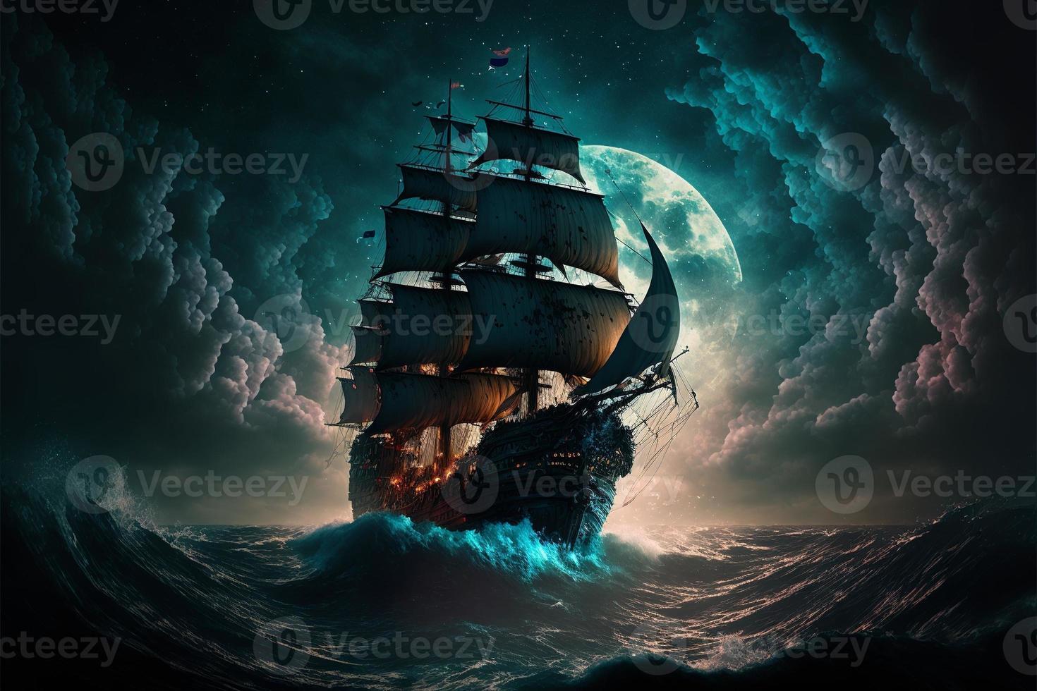 Landscape with pirate ship in the sea, sky full of clouds and full moon, horizon in the background. AI digital illustration photo