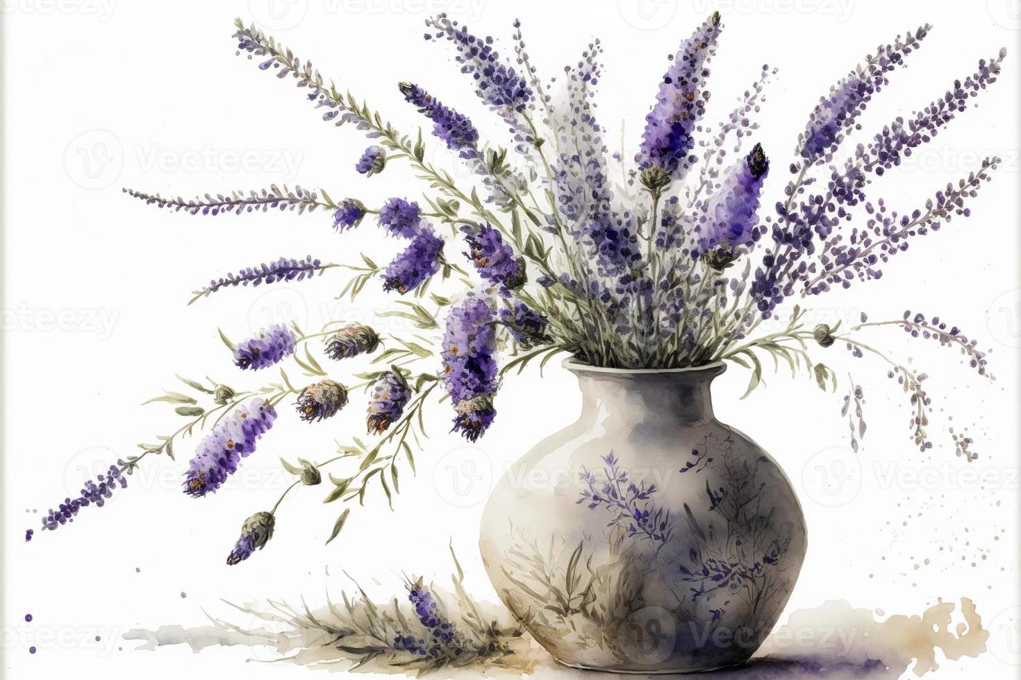 Painting of potted plant filled with lavender, white background. AI digital illustration photo