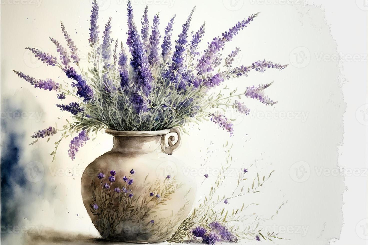 Painting of potted plant filled with lavender, white background. AI digital illustration photo