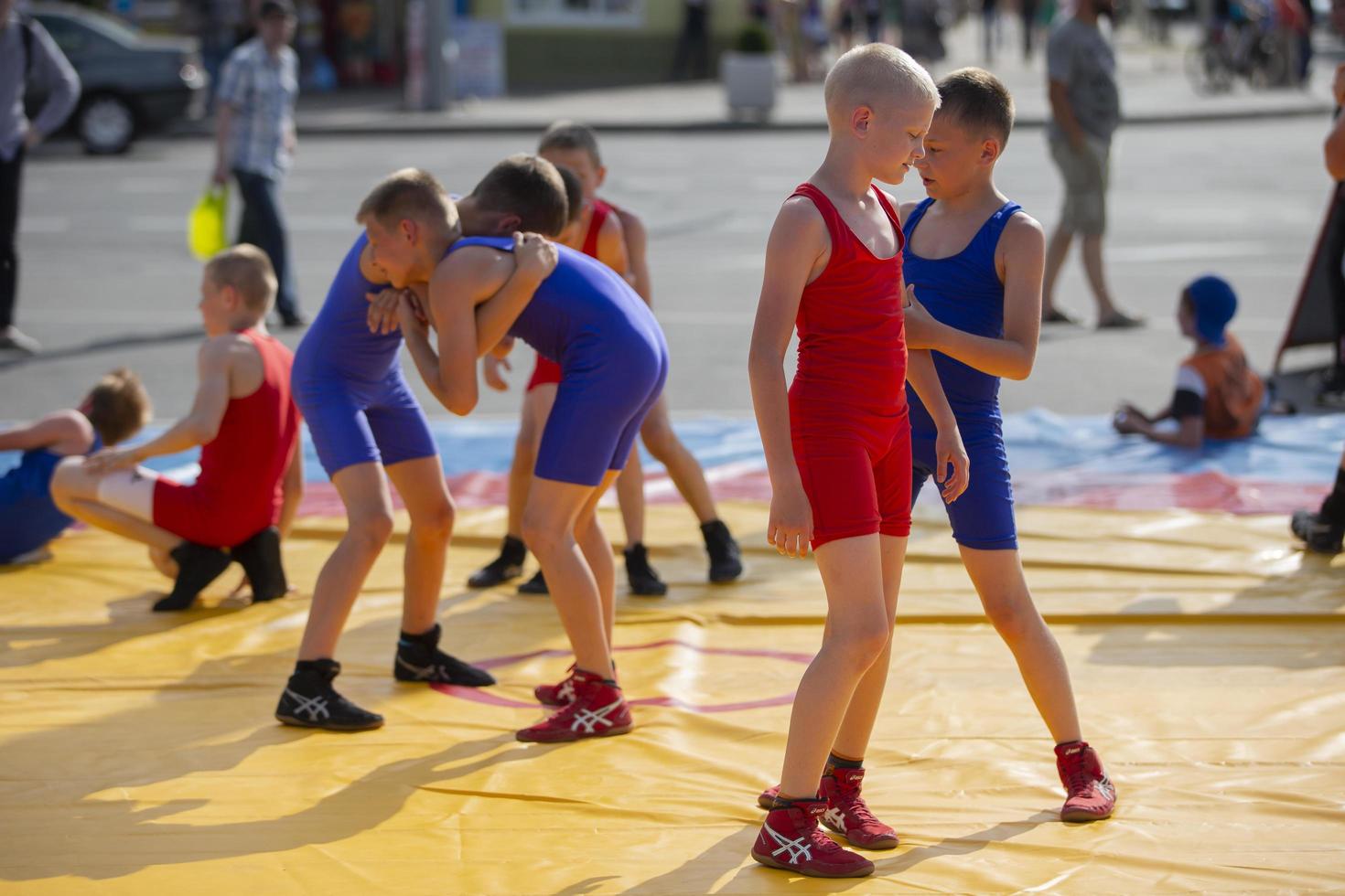 Belarus, the city of Gomel, June 05, 2019. Day of the city. Children practice sambo. photo