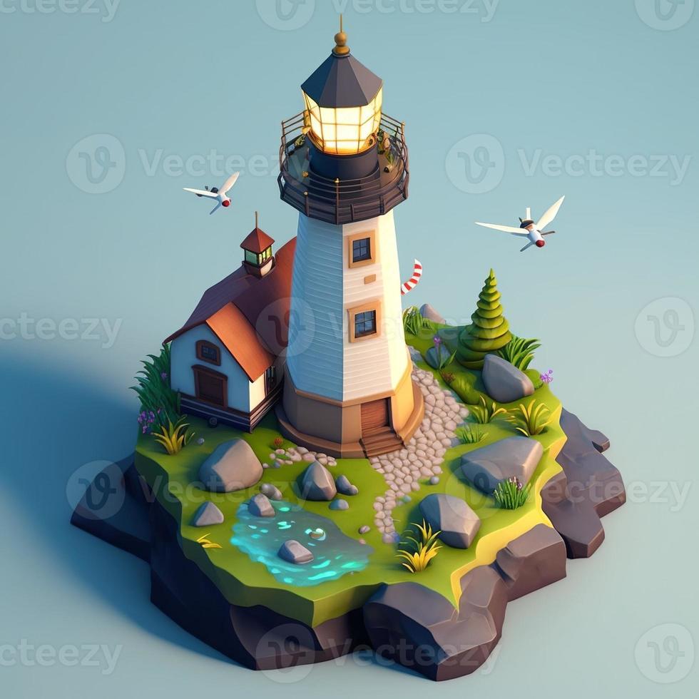 Island lighthouse landscape in 3d with flying birds, cute style. AI digital illustration photo