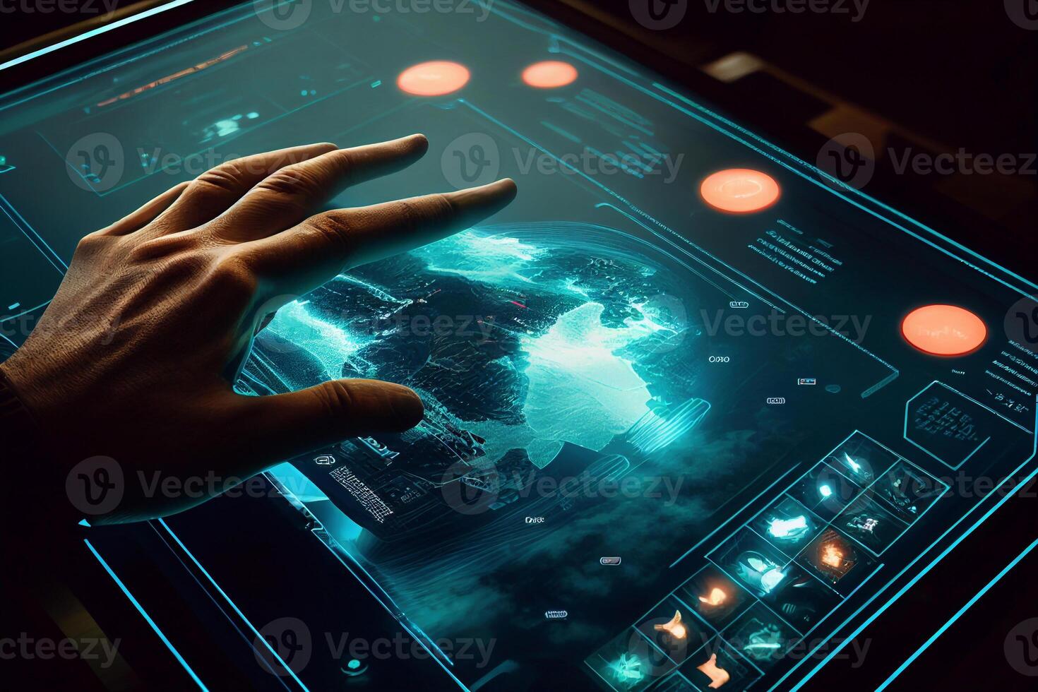 Isometric man touching virtual interface. Creating innovative technologies. Businessman touching an icon on a touch screen monitor. Mixed media. AI photo