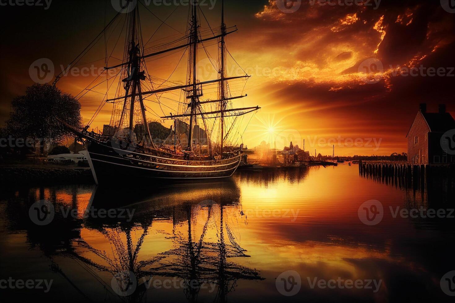 puesta de sol en sur mar vistoso dibujos animados composición con navegación barco cerca rocoso costas ilustración ai foto