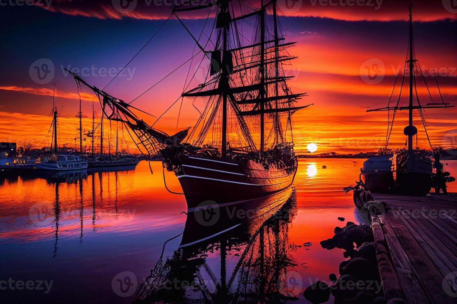 Sunset on south sea colorful cartoon composition with sailing boat near rocky shores illustration AI photo