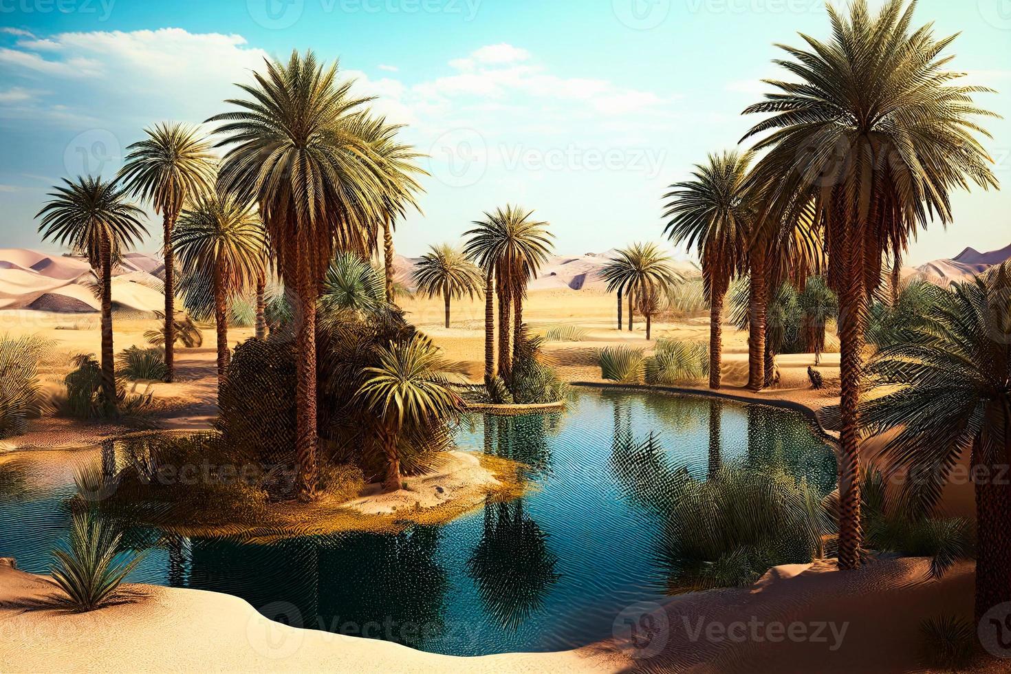 Desert oasis background. hot dunes with palm trees, illustration AI photo