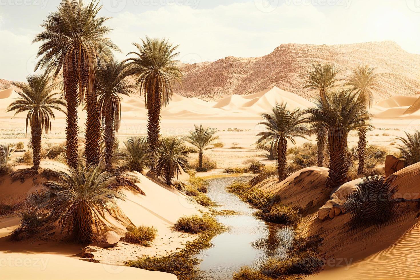 Desert oasis background. hot dunes with palm trees, illustration AI photo