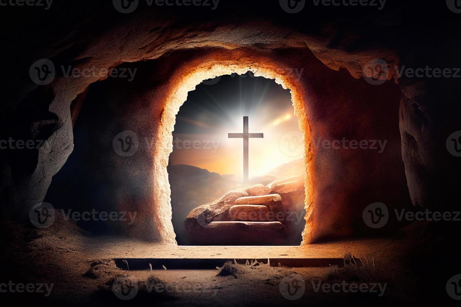 The cave is open and there are three crosses on the hill. The Feast of the Resurrection of Jesus Christ AI photo