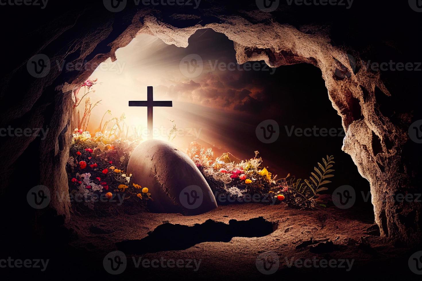 The cave is open and there are three crosses on the hill. The Feast of the Resurrection of Jesus Christ AI photo