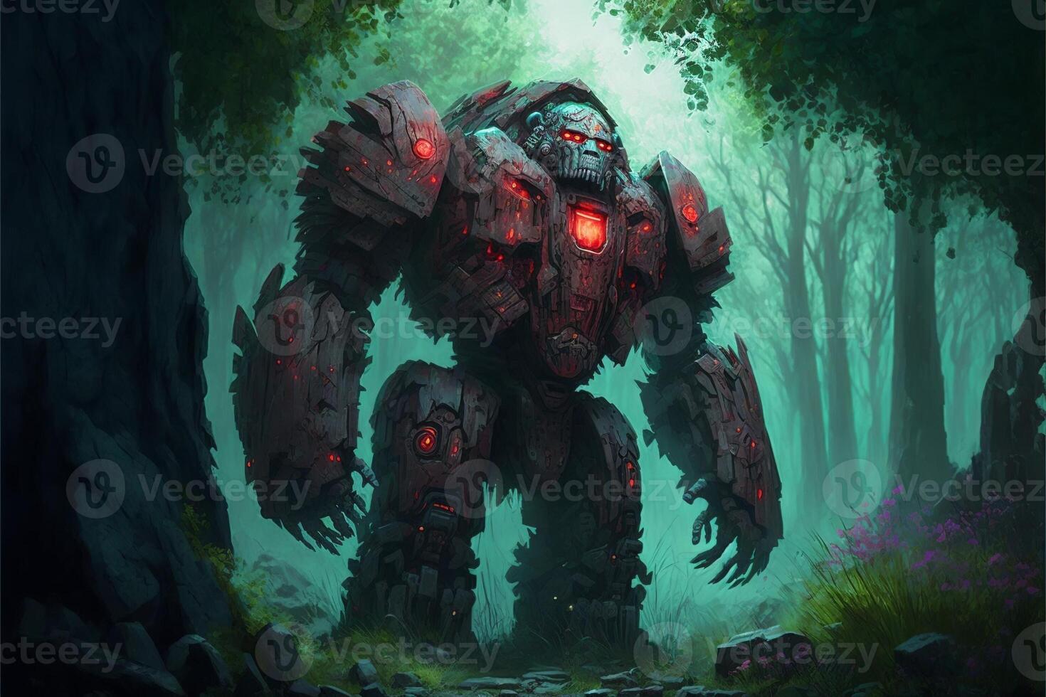 Giant stone golem in the middle in the forest, green fog. photo