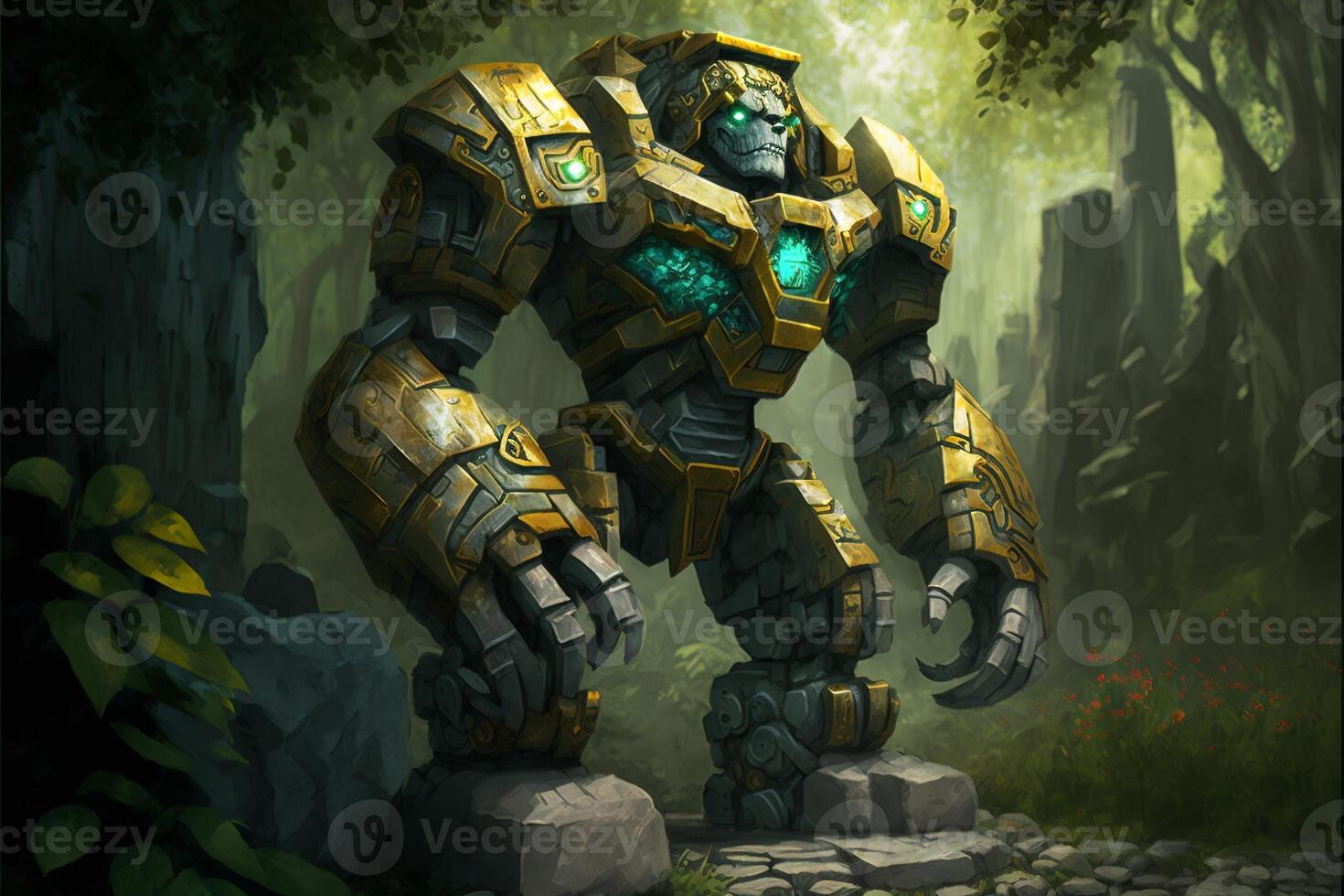 Giant stone golem in the middle in the forest, green fog. photo
