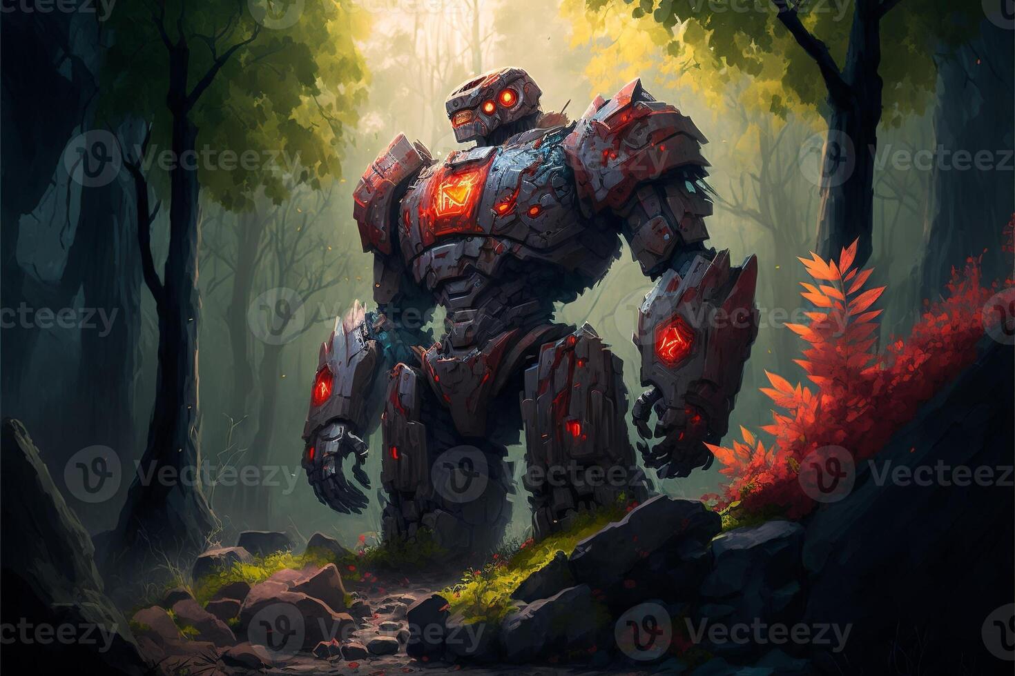 Giant stone golem in the middle in the forest, green fog. photo