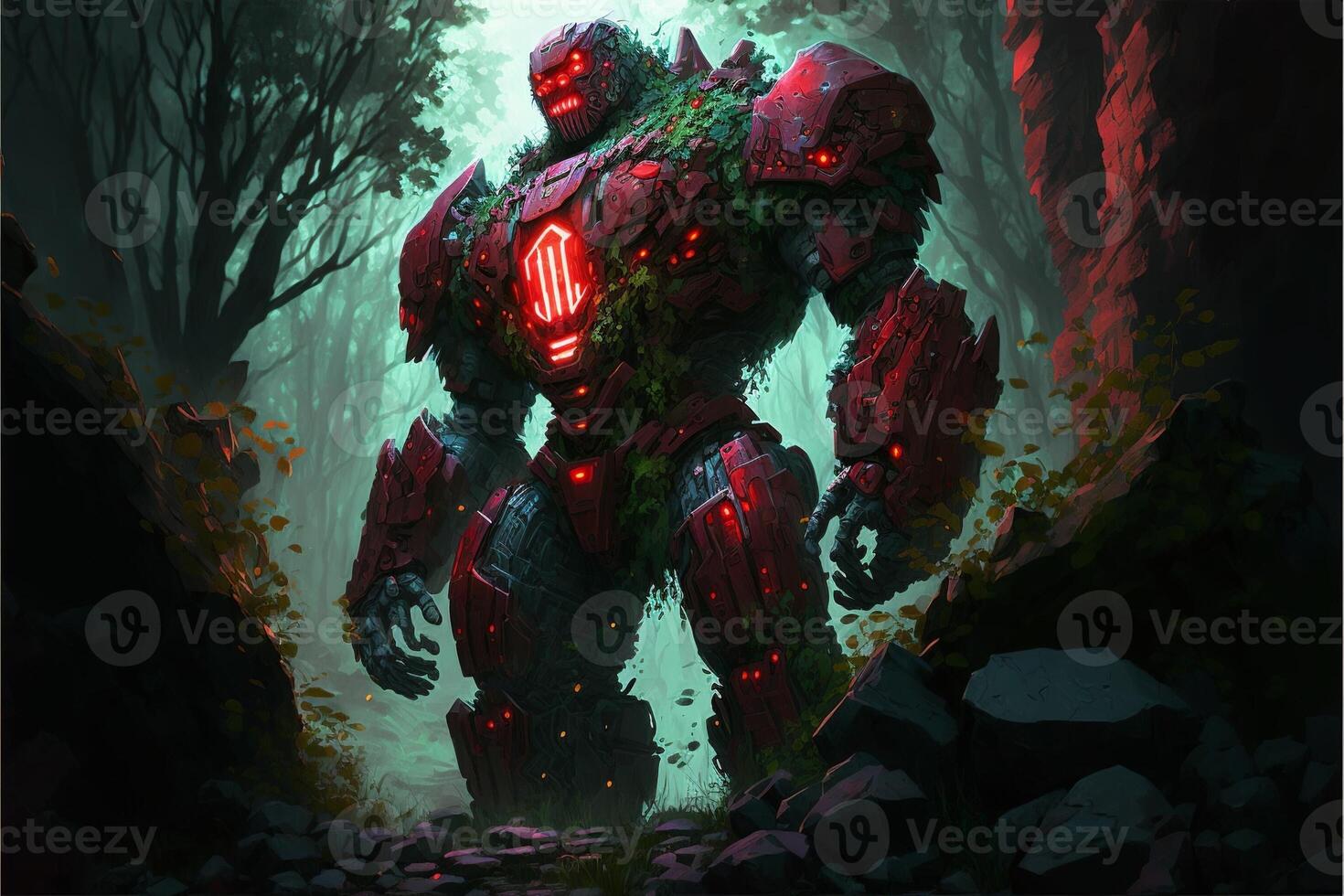 Giant stone golem in the middle in the forest, green fog. photo