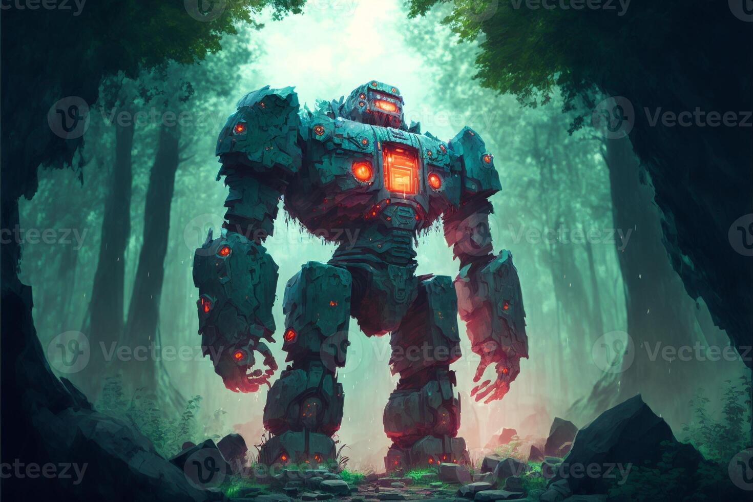 Giant stone golem in the middle in the forest, green fog. photo