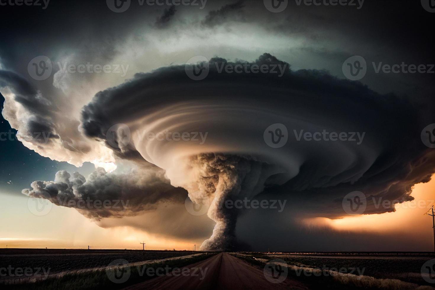 Twisting tornado over road destroying civil building. Hurricane storm in countryside landscape. Natural Disaster waterspout in field illustration. AI photo