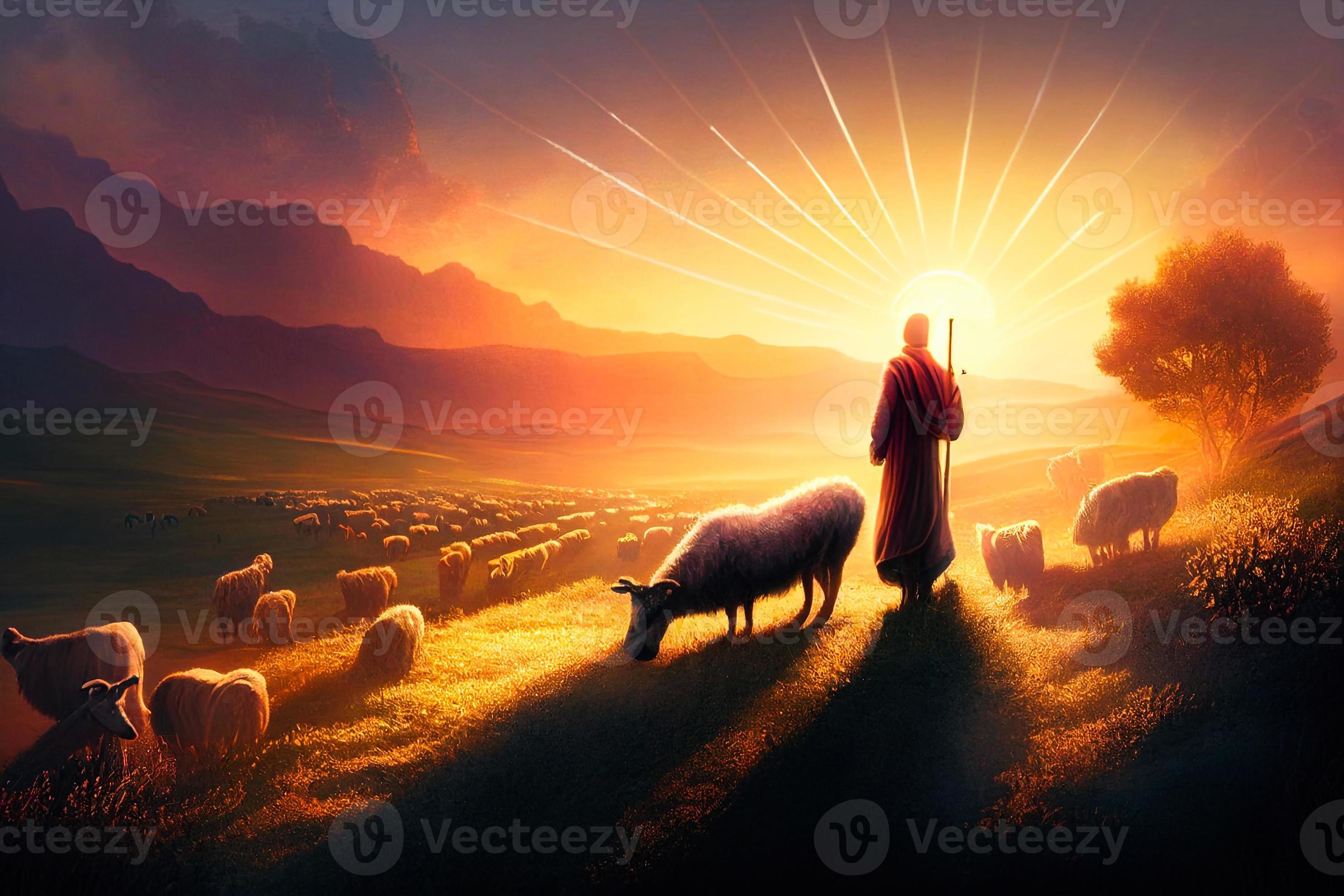 Biblical illustration of Jesus as a shepherd. AI 22247453 Stock Photo