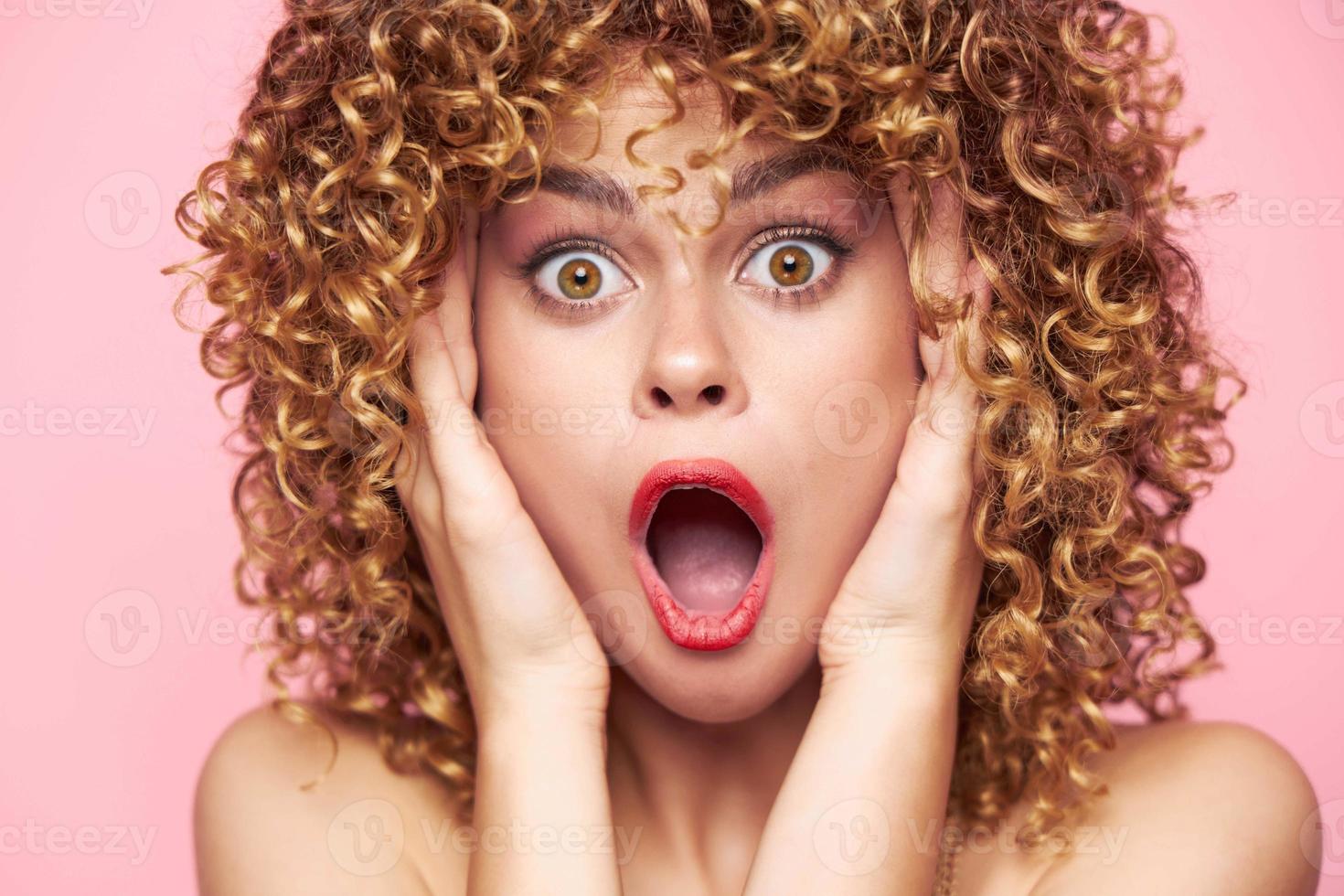 Female Frightened look wide open mouth of surprise portrait bright makeup photo