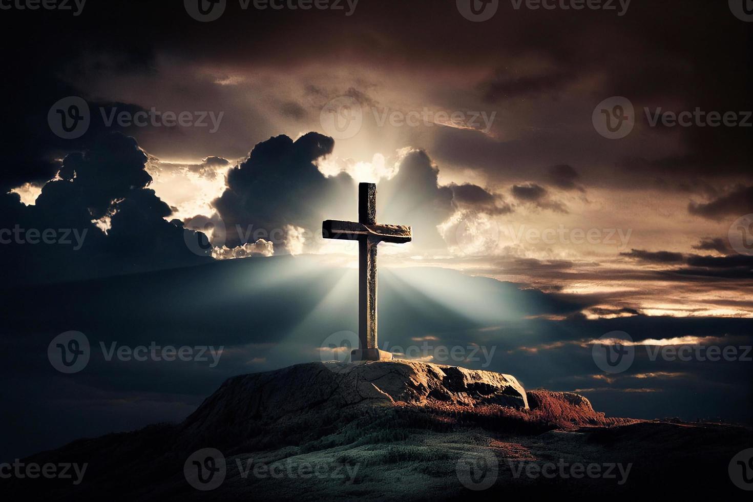 The cave is open and there are three crosses on the hill. The Feast of the Resurrection of Jesus Christ AI photo