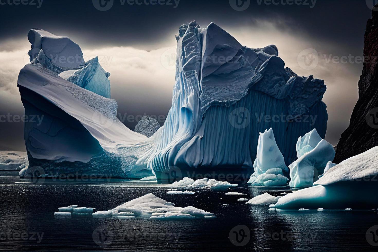 Ice landscape with mountains, rocks and sea, minimalistic modern travel poster. AI photo