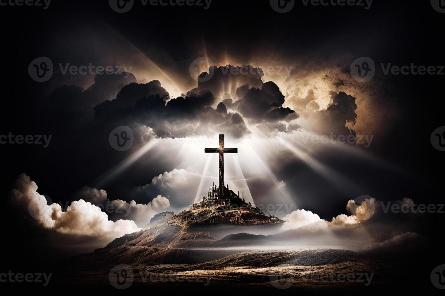 The cave is open and there are three crosses on the hill. The Feast of the Resurrection of Jesus Christ AI photo