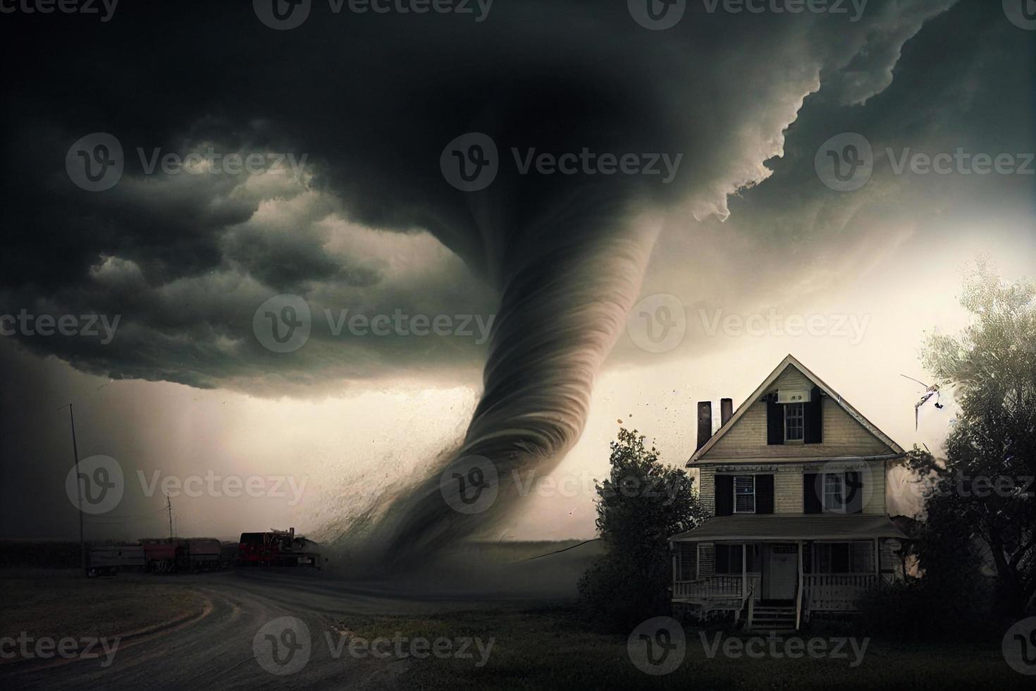 Twisting tornado or storm from sea hurricane in ocean. Realistic tropical natural disaster or cataclysm, catastrophe and crisis Background. Gale Whirlwind Landscape. Weather banner, poster or card AI photo