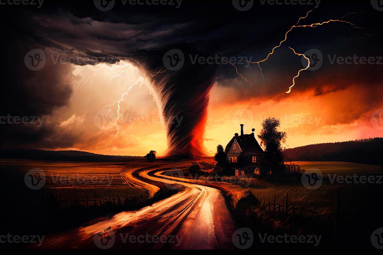 Twisting tornado or storm from sea hurricane in ocean. Realistic tropical natural disaster or cataclysm, catastrophe and crisis Background. Gale Whirlwind Landscape. Weather banner, poster or card AI photo