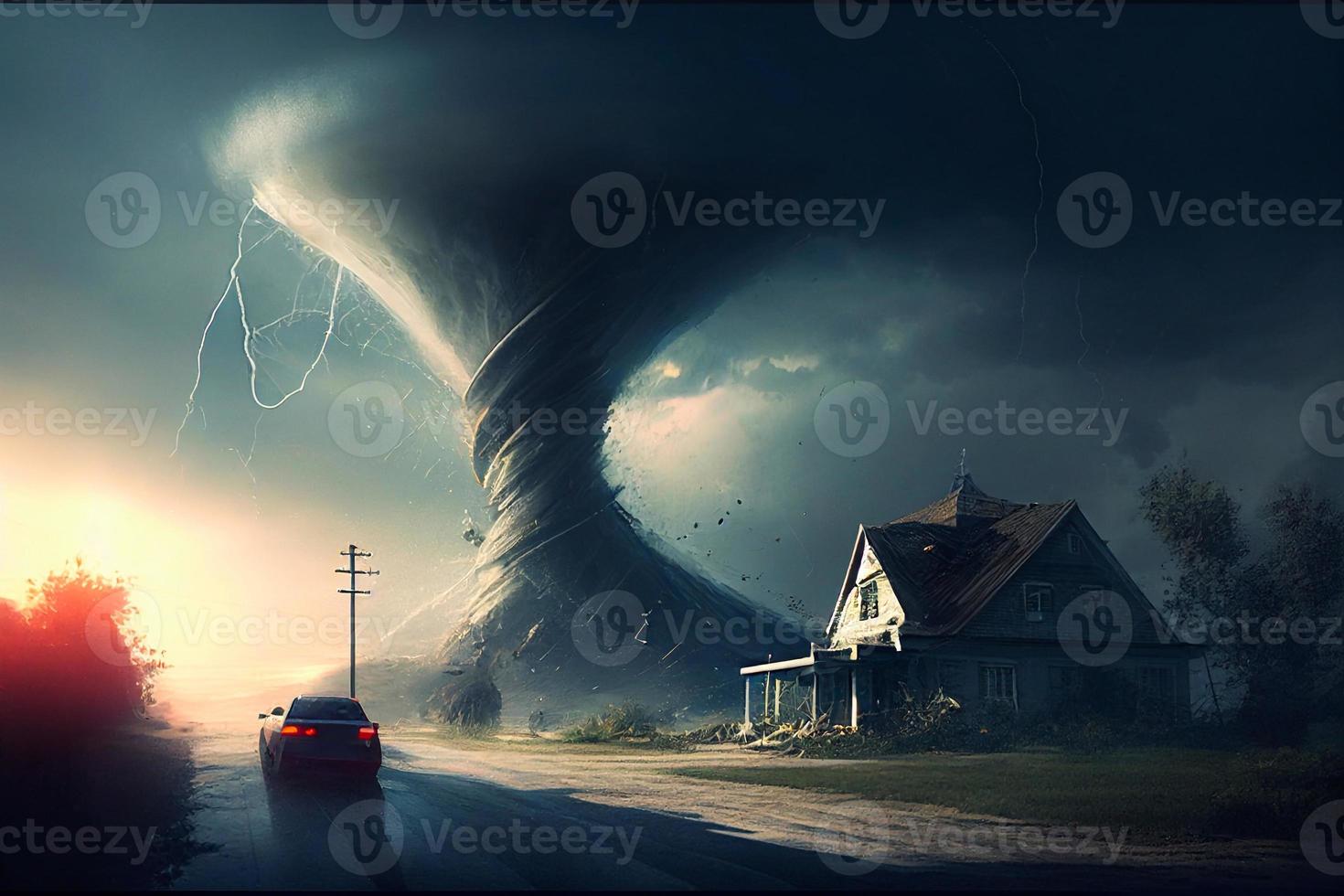Twisting tornado over road destroying civil building. Hurricane storm in countryside landscape. Natural Disaster waterspout in field illustration. AI photo
