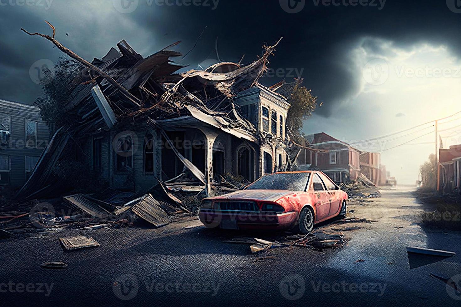 Post apocalypse background with destroyed cars on road after military action illustration AI photo