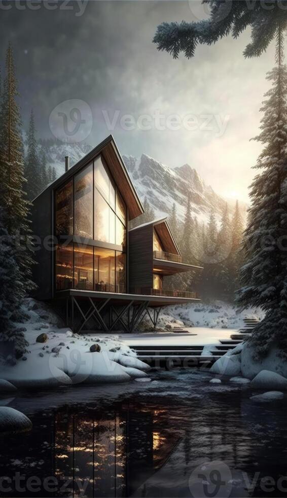 stunning futuristic wood and glass luxury eco-home at edge of pond photo