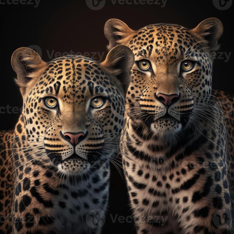 two leopards hyper-realistic photo realistic 8k image on black background