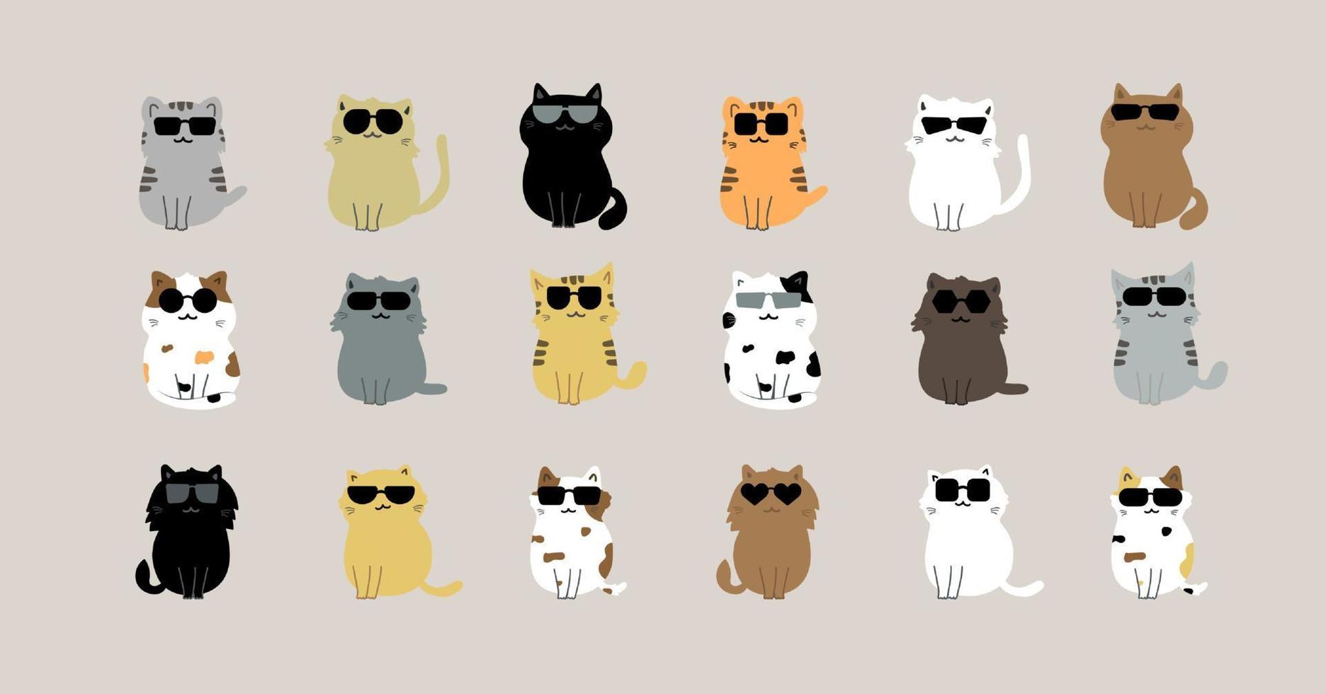 Cat with sunglasses cartoon character pack vector