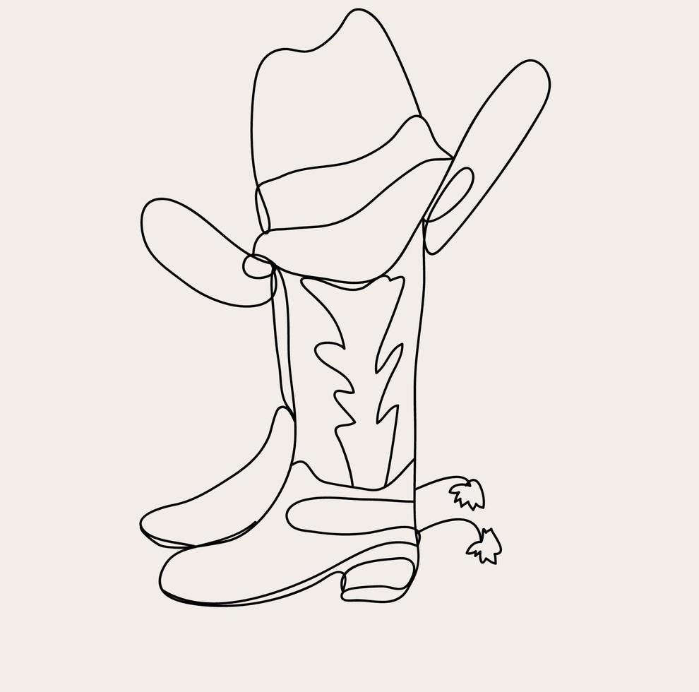 minimalista vaquero botas línea arte, occidental país sombrero ,simple bosquejo, Texas contorno dibujo, salvaje Oeste, del suroeste vector