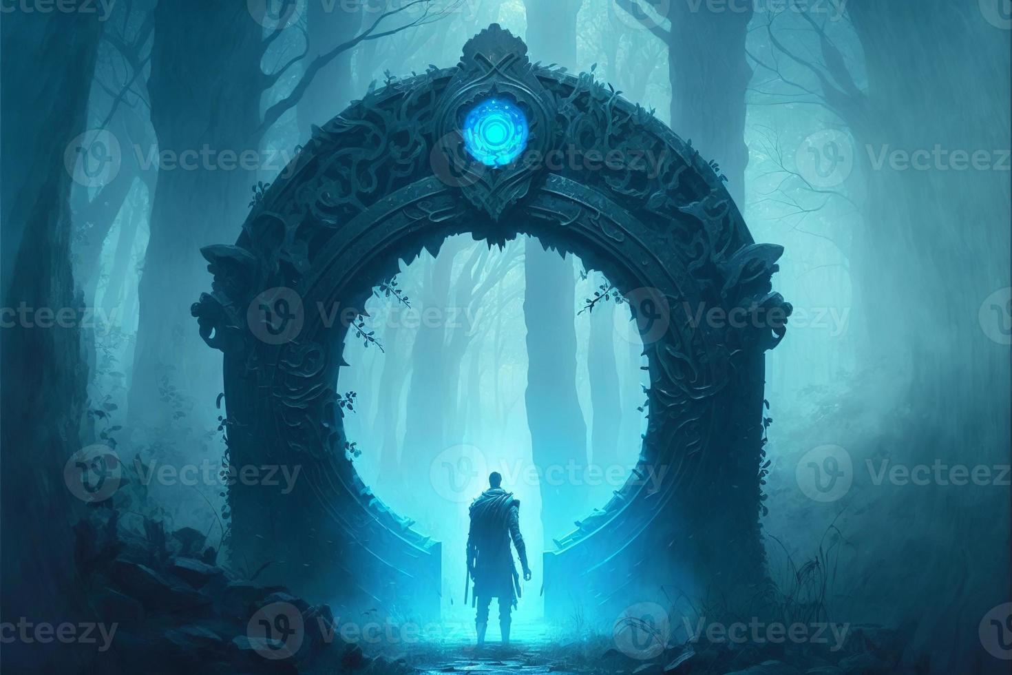 Guardian warrior in front of the mystical stone portal in the forest, lights. AI photo