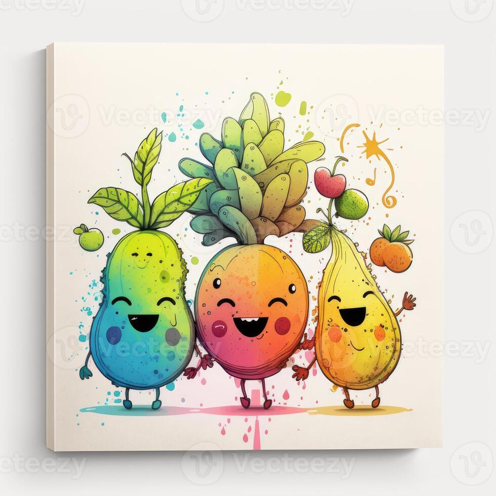 happy fruit friends group neon watercolor and ink illustration image photo