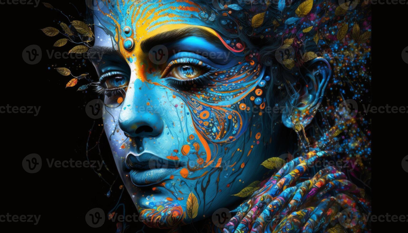 krishna psychedelic 8k hd close up face on black background photo