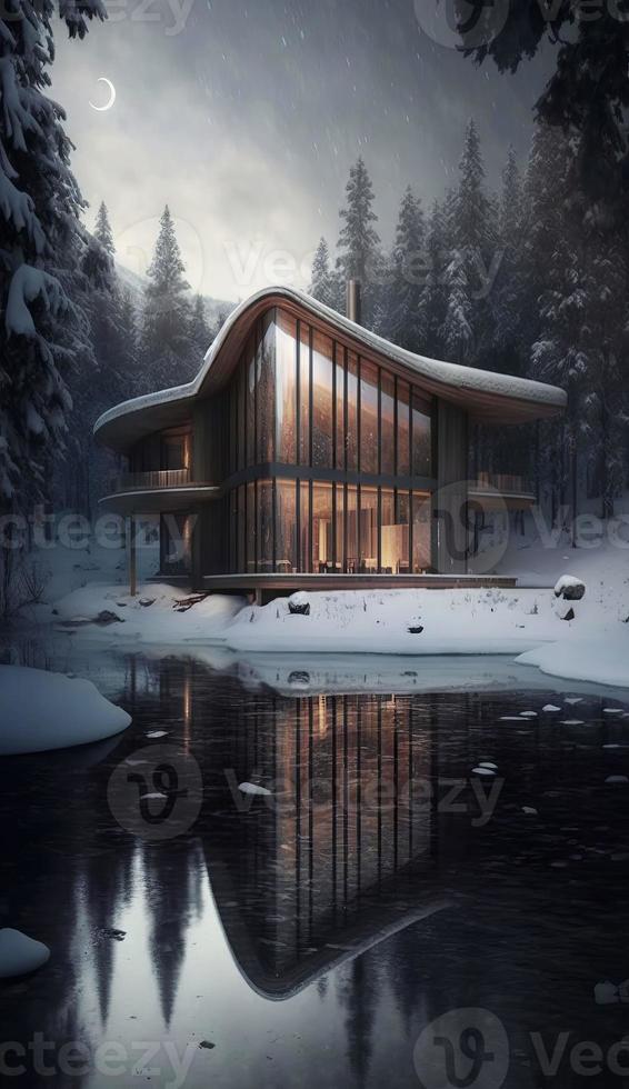A beautiful stunning futuristic wood and glass luxury eco-home photo