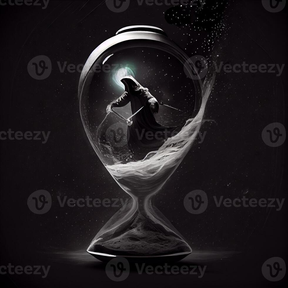 the grim reaper trapped inside of an hour glass black image photo