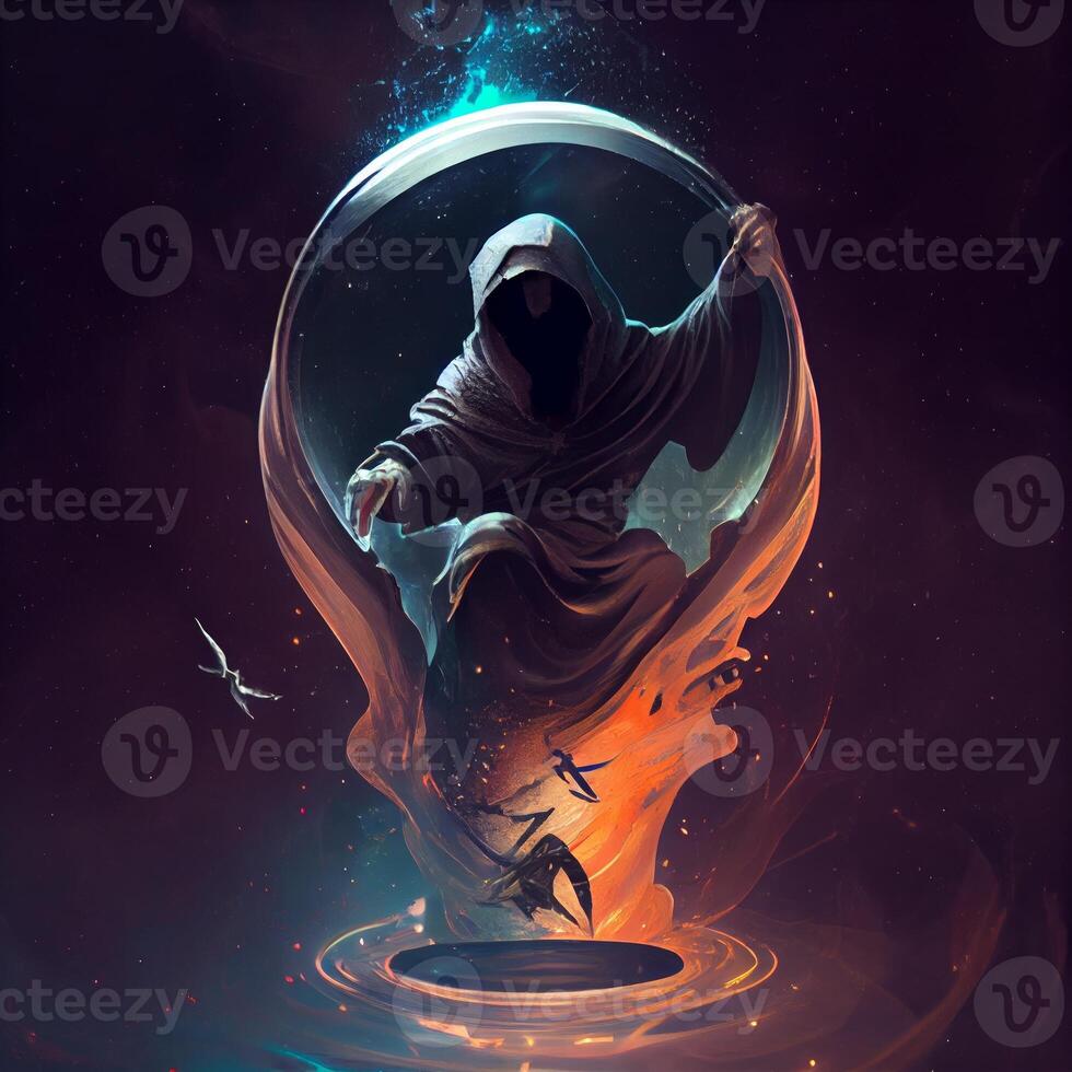 the grim reaper trapped inside of an hour glass illustration image photo