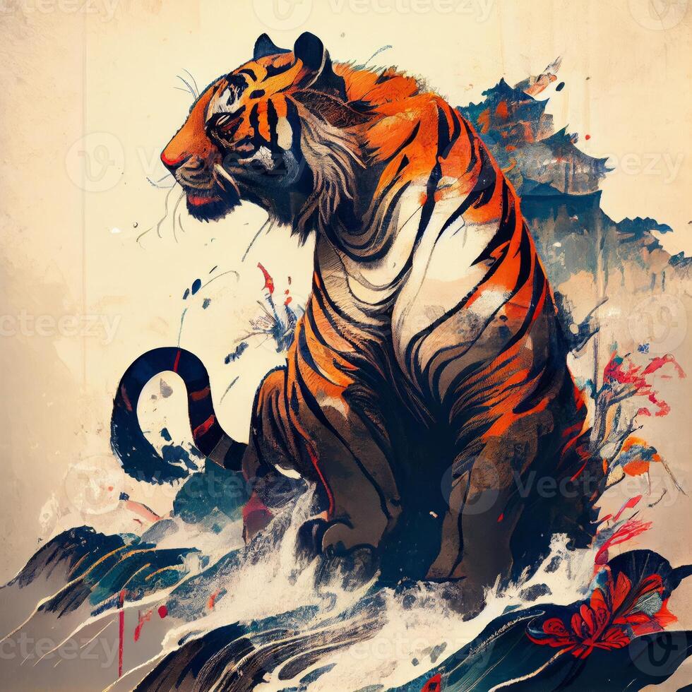 the beautiful colors art of tiger in chinese style photo