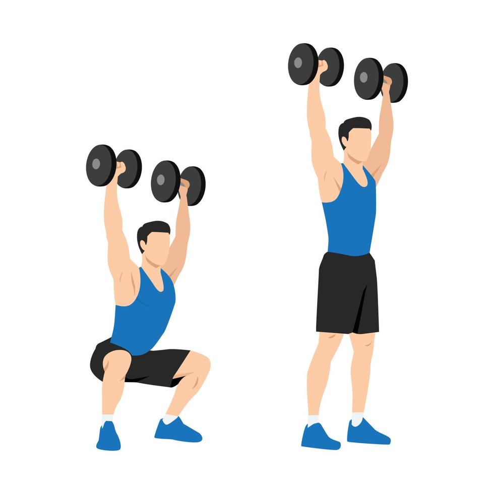 Man doing Dumbbell squat thrusters. squat to overhead press exercise. Flat vector