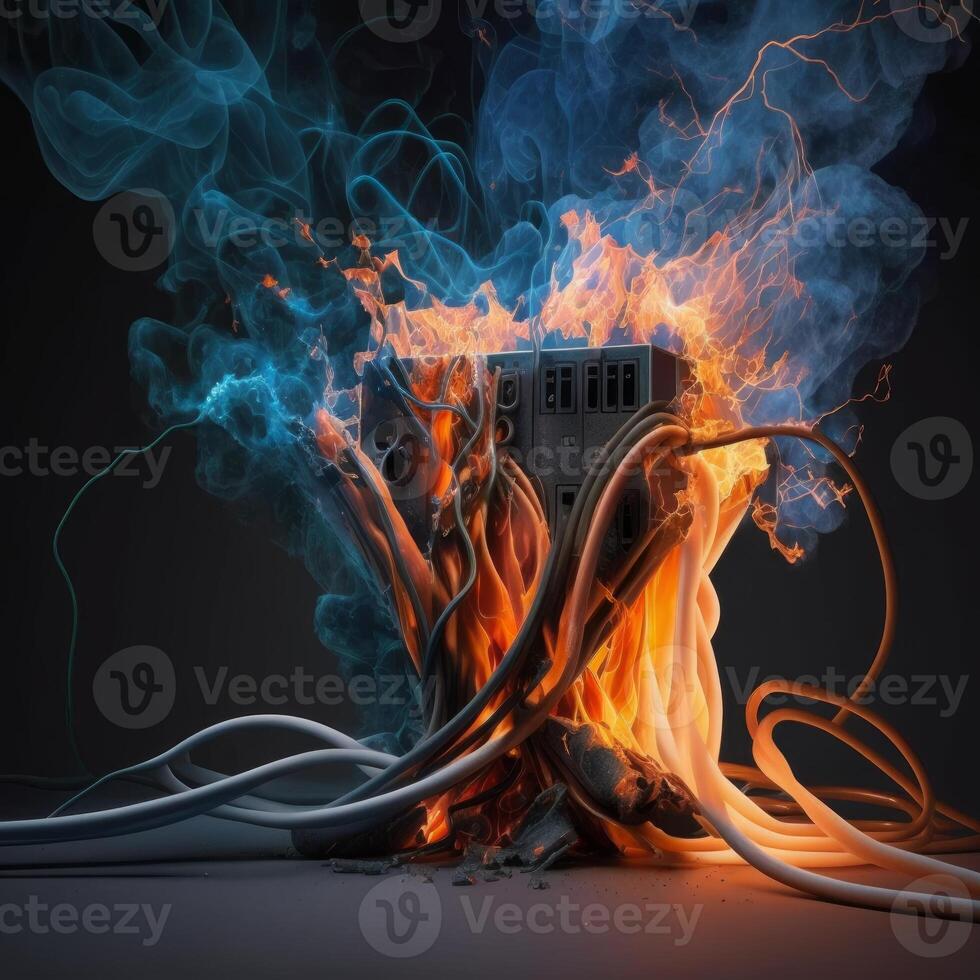 burning computer power cables image photo