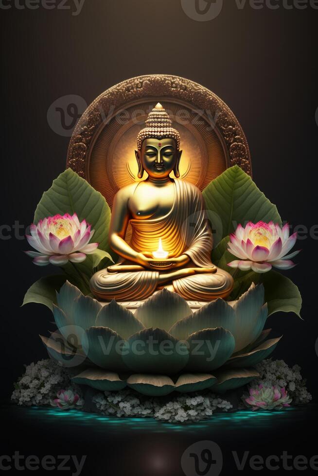 buddha in buddhism sits on a cloud surrounded by leaves photo