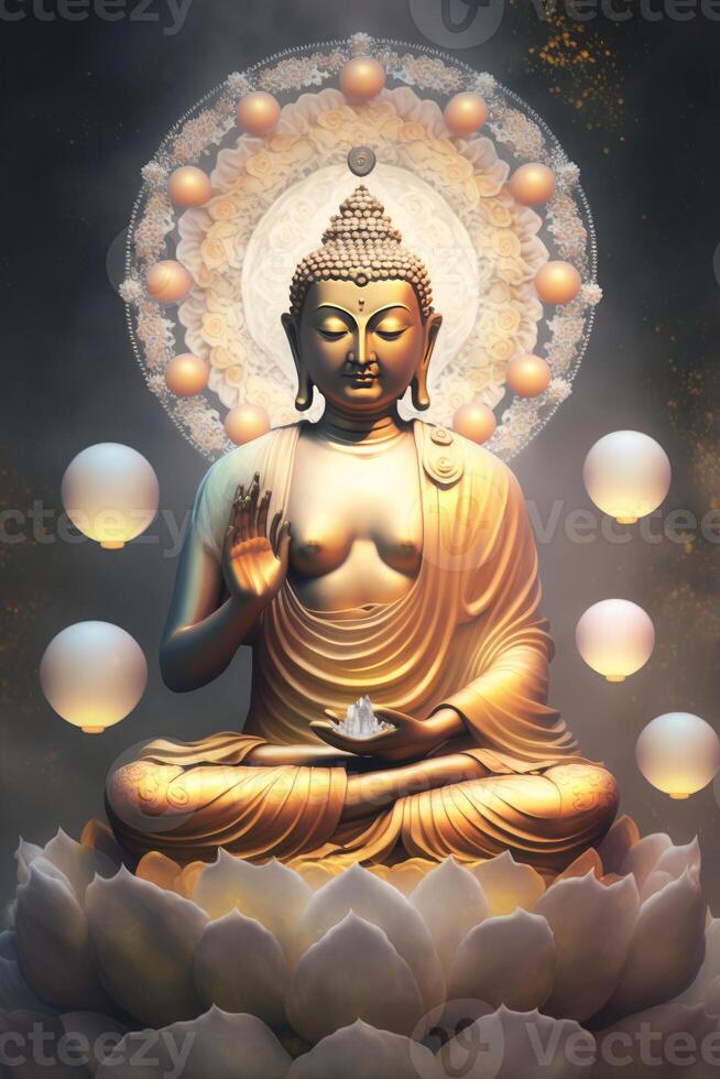 buddha in buddhism sits on a cloud surrounded by leaves photo