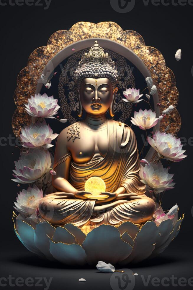 buddha in buddhism sits on a cloud surrounded by white lotus photo