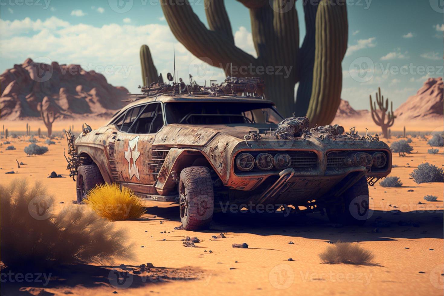 Rusty and deteriorated custom car in the desert, cacti and monyanha in the background. Digital illustration. AI photo