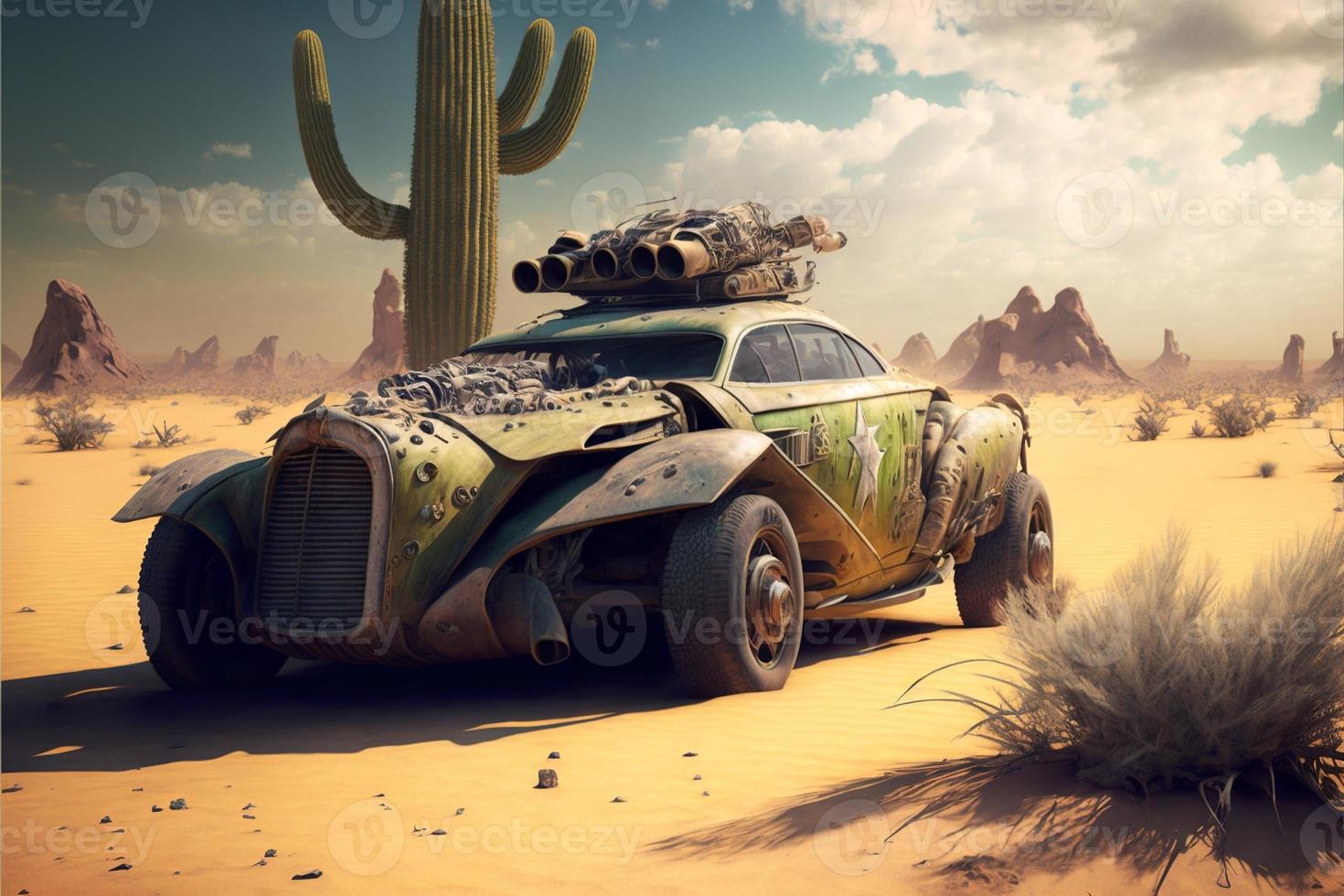 Rusty and deteriorated custom car in the desert, cacti and monyanha in the background. Digital illustration. AI photo