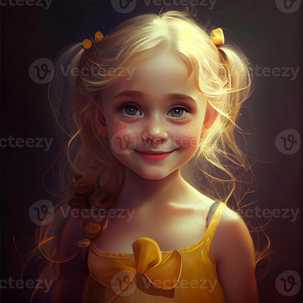 un 3-d niña disney pixar estilo amarillo ojos y un amarillo vestir generativo ai foto