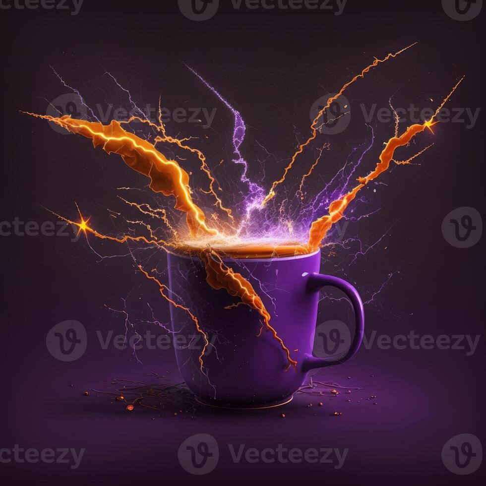 un púrpura taza de café con naranja focos voltios generativo ai foto